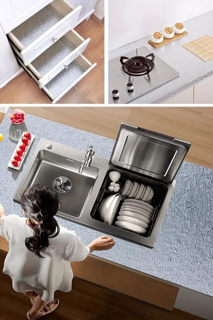 BUFFER® Rulo Gümüş Alüminyum Folyo Duvar Kağıdı, Kendinden Yapışkanlı Raf İçi, Su Geçirmez Folyo  2 mt x 60 cm - Görsel 7