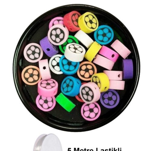 90 Adet 10 mm Polimer Kil Fimo Boncuk Takı Bileklik + 5 Metre Lastikli Misina Hediye - Renkli Çiçek