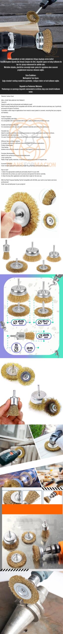 Turk Matkap Uyumlu Saçaklı Pimli Tel Fıça Fırça Seti 1/4 inç - Görsel 2