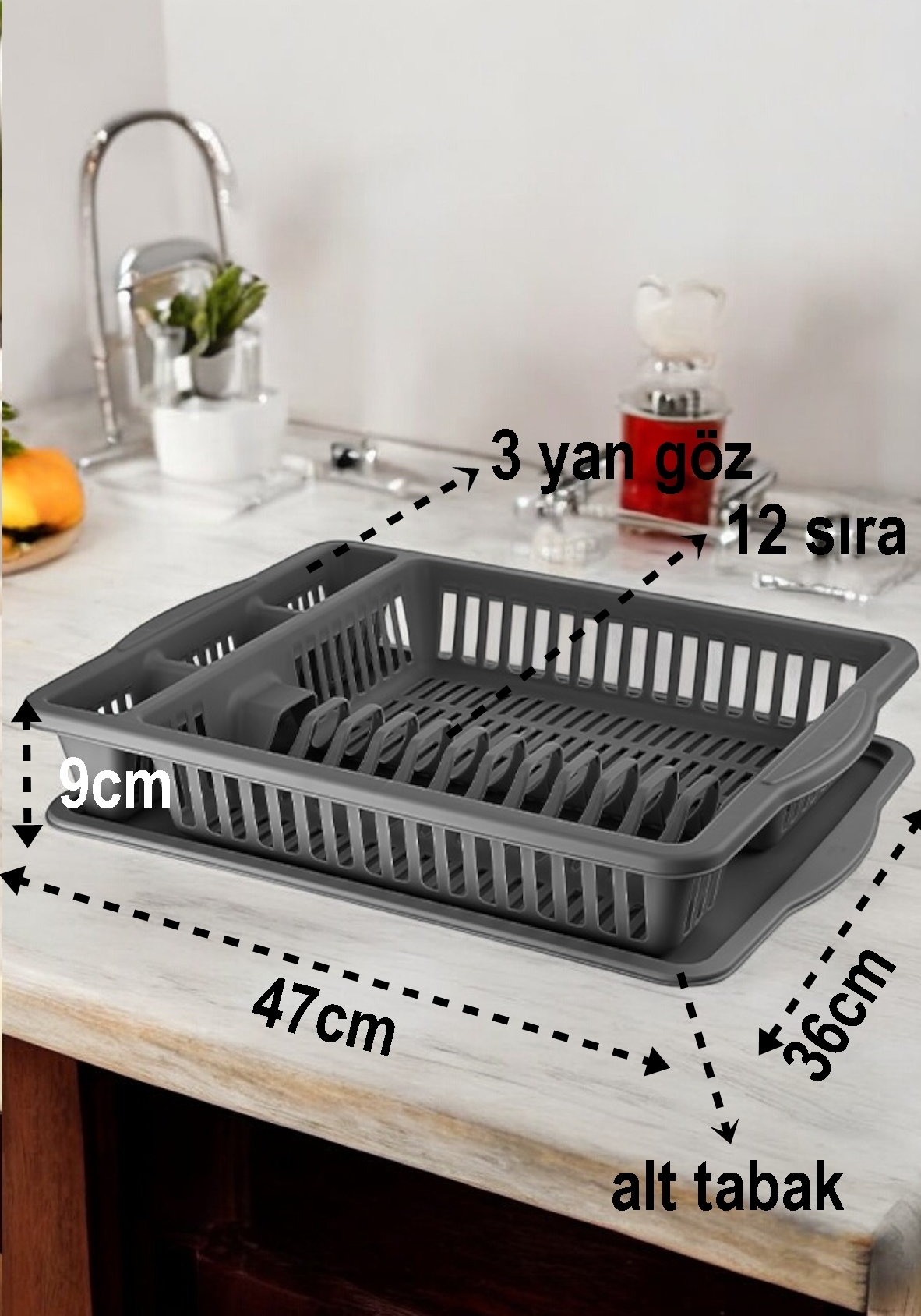 Ürün Özellikleri : RENK : Turk Alessi serisi olarak tasarladığımız bu ürünü ANTRASİT/GRİ Renk/tasarımı birebir göre gönderiyoruz. Sürpriz yaşamazsınız. MATERYAL : Plastik ÖLÇÜLER : 47 x 36 x 9 cm Maxi boy ve ergonomik kullanım sunar. 3 Yan göz ve 12 tabak gözü içerir. Alt kısımda tepsisi bulunur YERDEN TASARRUF SAĞLAR : Turk Alessi serisi olarak tasarladığımız bu ürünle