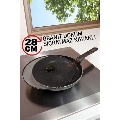 Turk Granit Döküm Tava Yağ Sıçratmaz Kapaklı -Yapışmaz Taban 28 Cm