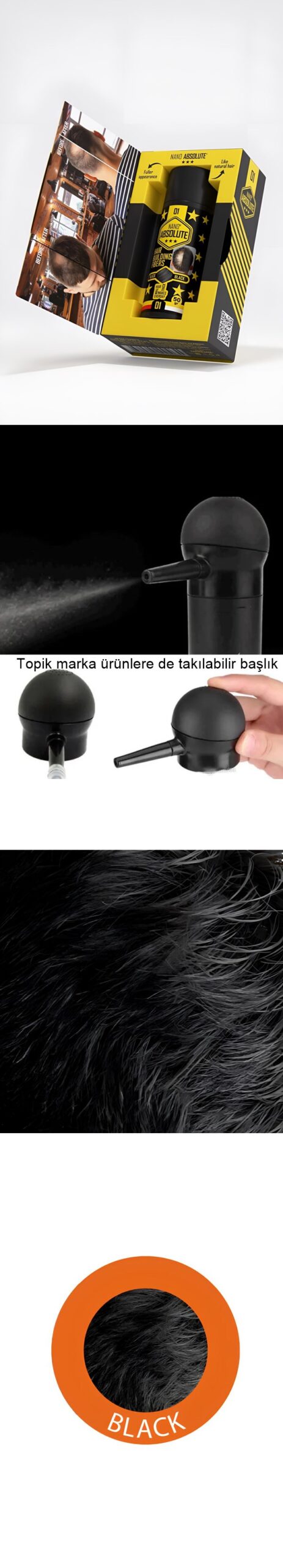 Turk Aplikatörlü Saç Dolgunlaştırıcı Fiber Topik Toz SİYAH 50 Gram - Görsel 2