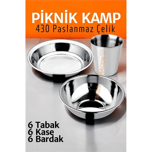 Turk Paslanmaz Çelik Tabak Kase Bardak Seti Kamp Piknik Seti 18 adet