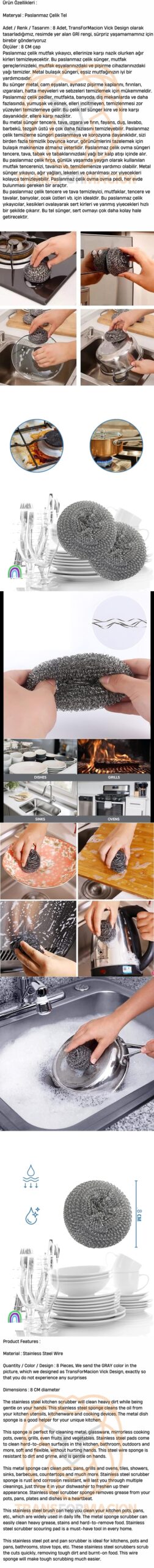 Ürün Özellikleri : Materyal : Paslanmaz Çelik Tel Adet / Renk / Tasarım : 8 Adet