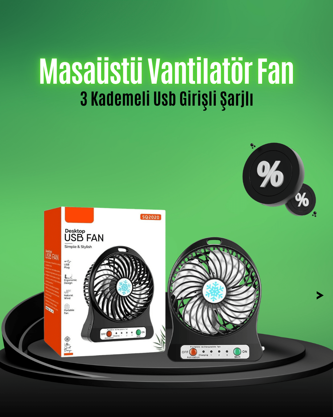 Mini USB Fan – Şarj Edilebilir Işıklı 3 Kademe Taşınabilir Masaüstü Vantilatör
