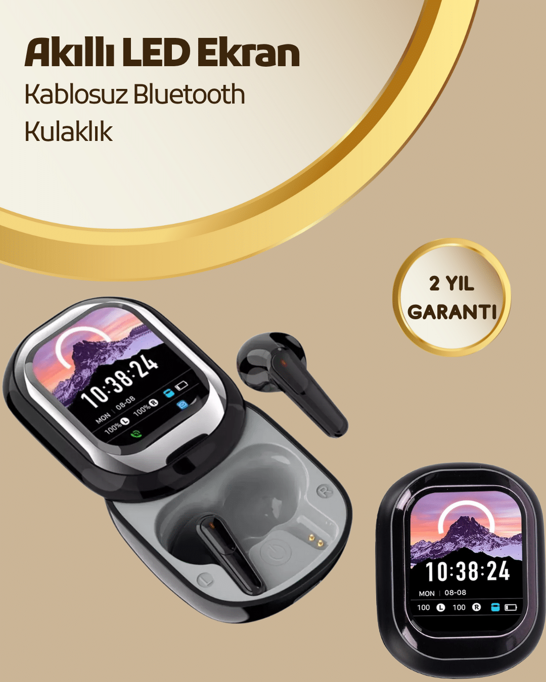 Akıllı Ekranlı Bluetooth 5.4 Kablosuz Kulaklık – Dokunmatik ve Şarj Kutulu