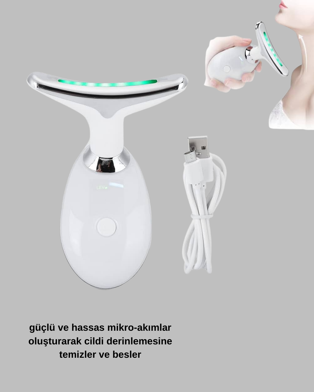 yüz ve boyun bölgesinde etkili bir sıkılaştırma sağlar. Mikro akım teknolojisi sayesinde cilt kaslarını uyarır