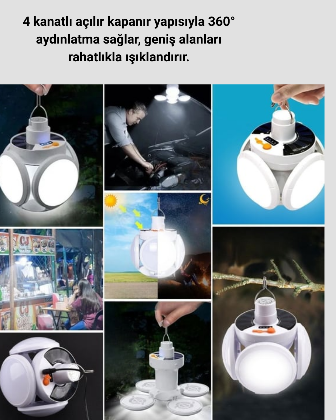 pratik kullanımı ve güçlü aydınlatması ile çok yönlü bir üründür. 5 kanatlı tasarımı sayesinde 360 dereceye yakın aydınlatma sağlar. 45 LED ışık kaynağı