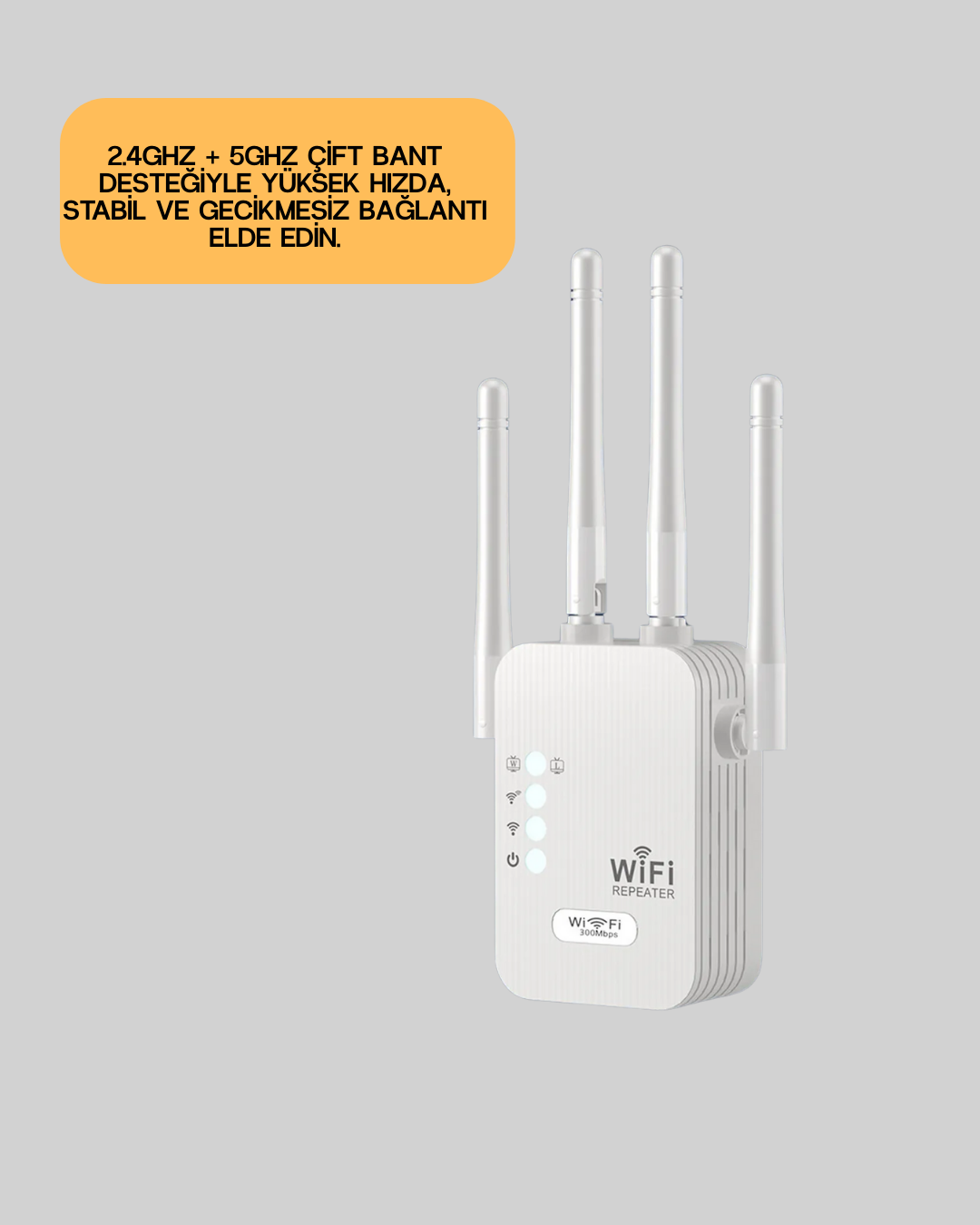 2.4GHz + 5GHz çift bant desteği ile donatılmış bu WiFi Repeater