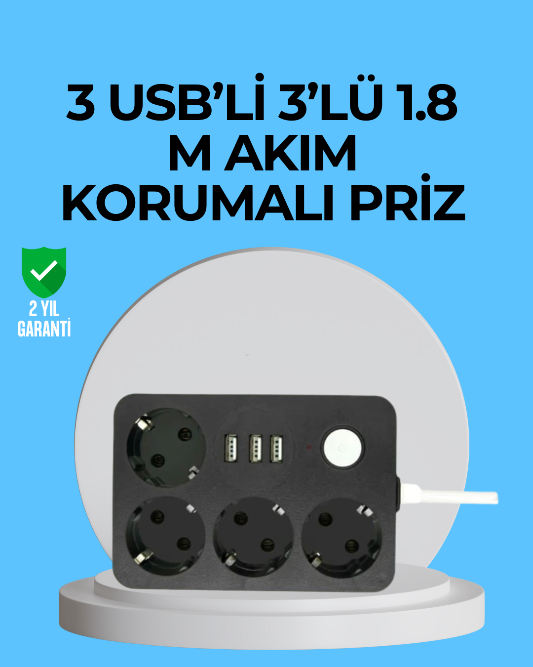 3 USB Çıkışlı 4’lü Akıllı Priz 2500W 2 Metre Kablo
