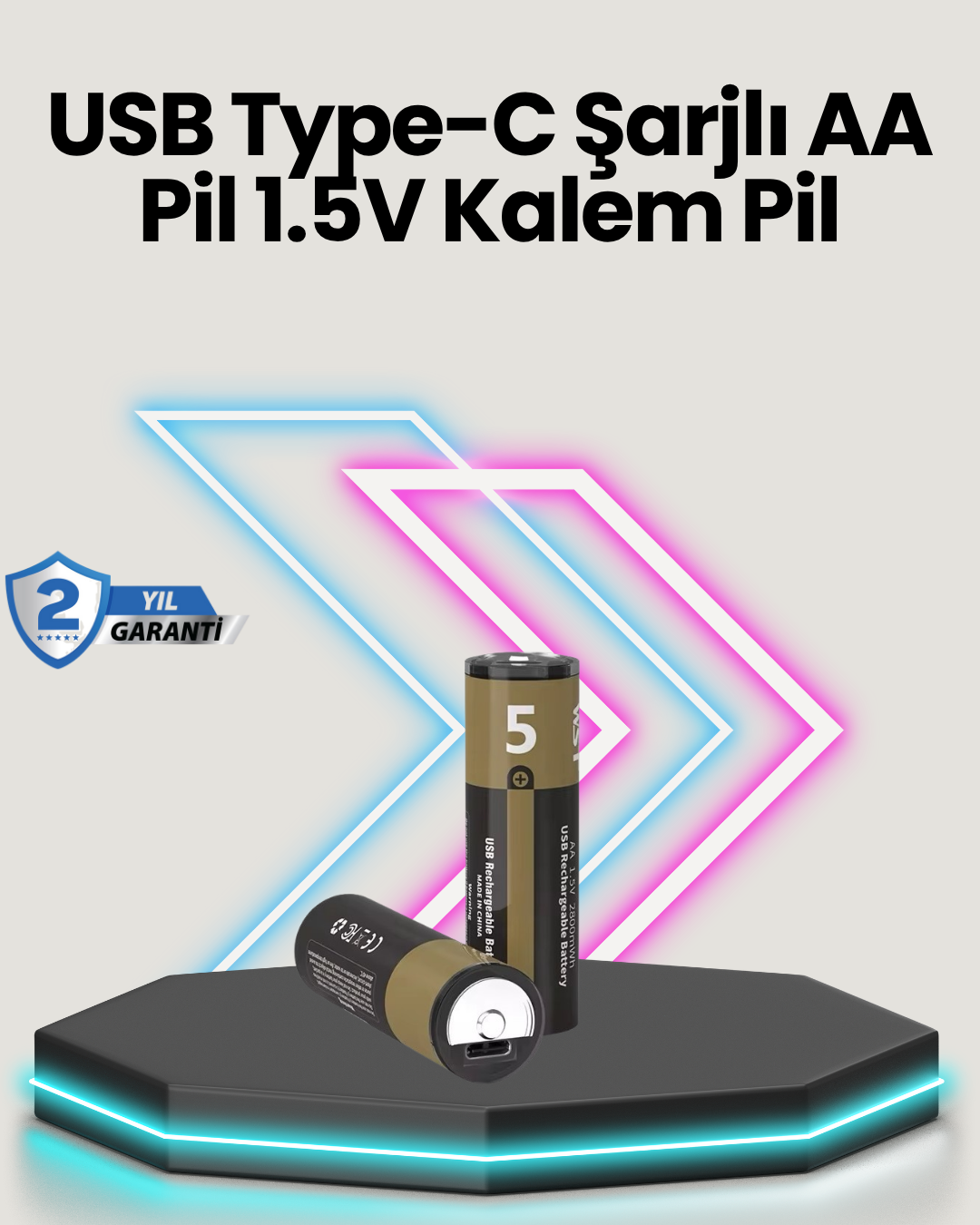 Yüksek Performanslı AA USB Şarjlı Lityum Pil | 1.5V Sabit Güç | 2’li Paket