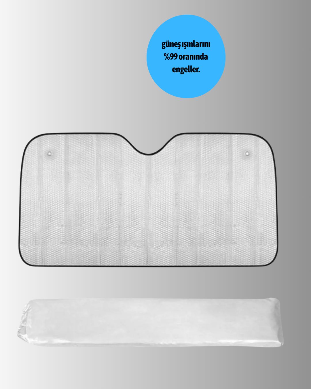 metalize yansıtıcı yüzeyi sayesinde güneşin zararlı ışınlarını %99’a varan oranlarda engeller. Aracınızın ön camını tam olarak kaplayarak iç mekanda oluşacak sıcak hava dalgalarının önüne geçer.Gelişmiş yalıtım için tasarlanmış süngerli iç yapı