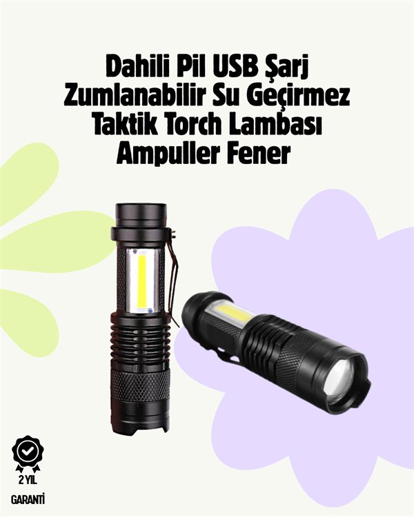 2000 Lümen LED El Feneri - Suya Dayanıklı Odaklı Klipsli