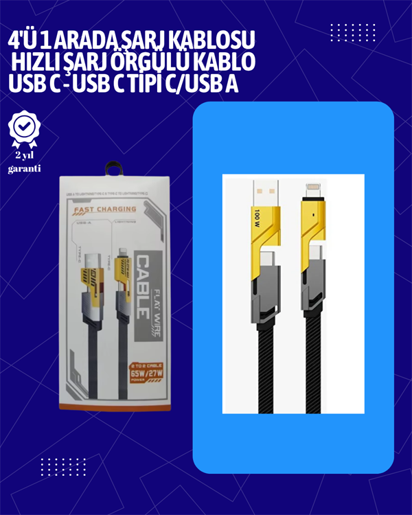 USB-C ve Lightning Uyumlu 4'ü 1 Arada Kablo – 65W Hızlı Şarj Örgülü Dayanıklı Yapı