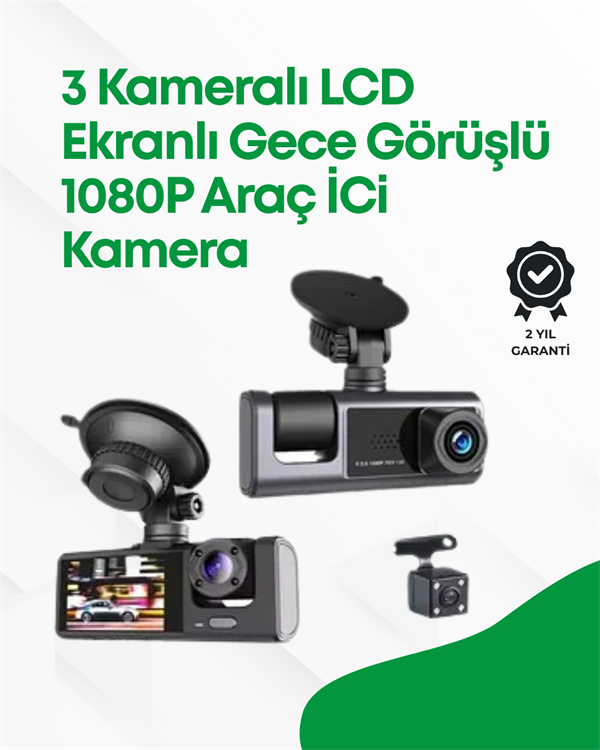 2.0” LCD Ekranlı Döngüsel Kayıt Özellikli Üç Kameralı Oto Kamera