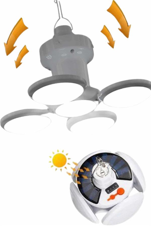 acil durumlarda veya günlük yaşamda ihtiyaç duyduğunuz her an pratik bir aydınlatma çözümü sunan Solar Güneş Enerjisi ve USB Şarjlı 5 Kanatlı Lamba