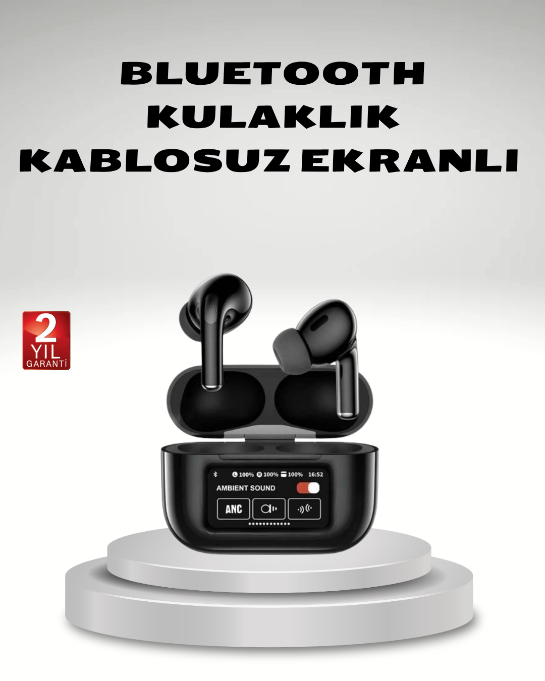 Aktif Gürültü Engelleme (ANC) Kablosuz Bluetooth Kulaklık – Dijital Ekranlı Dokunmatik ve Uzun Pil Ömürlü