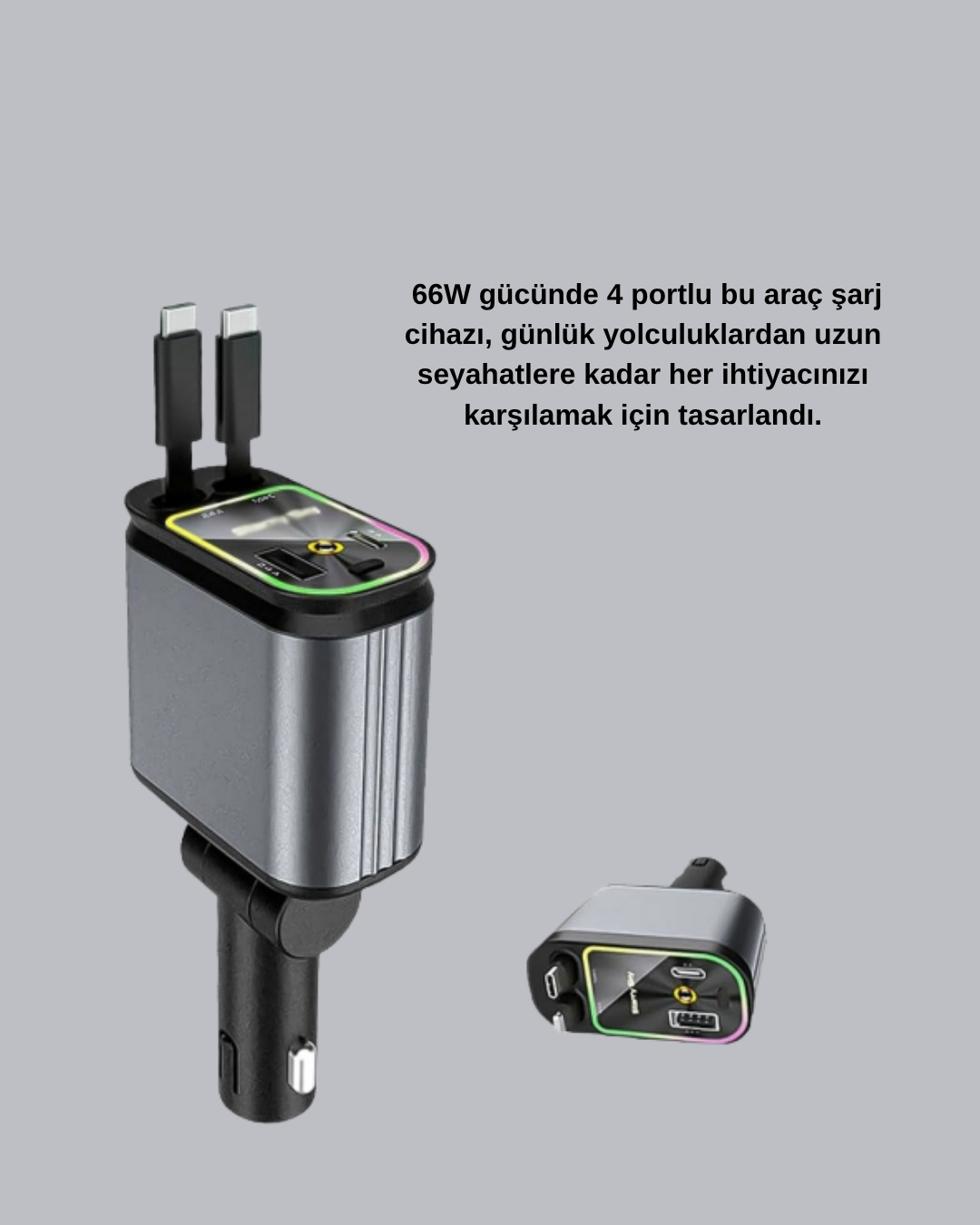Seyahatlerinizde enerji sorunu yaşamayın! Araç Şarj Adaptörü 66W PD QC Hızlı Şarjlı ve Çekilebilir Kablolu