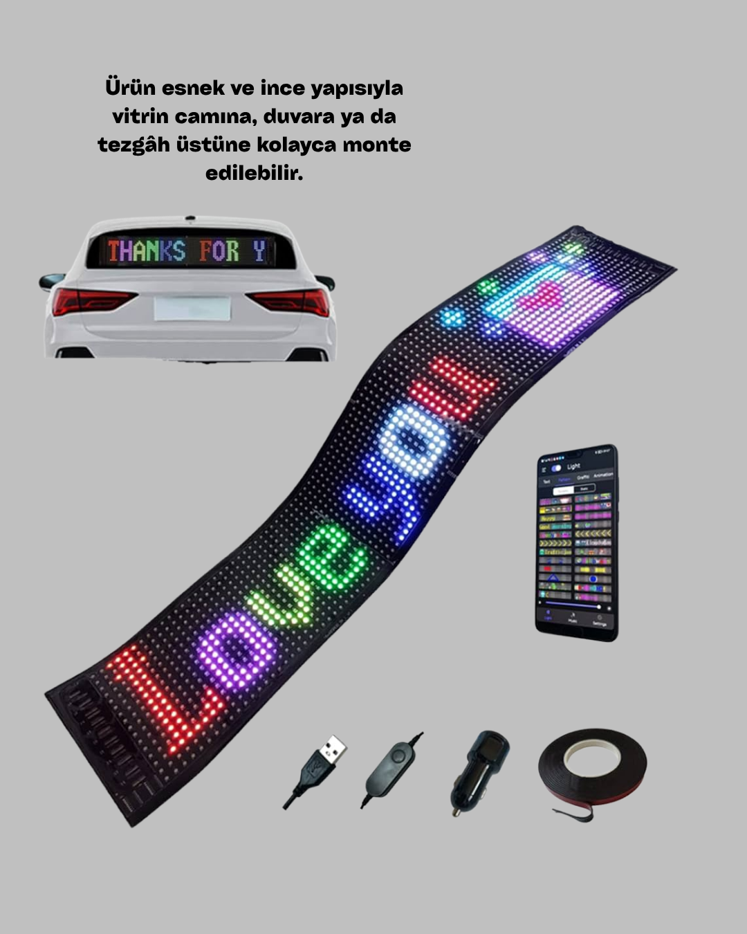 Görsel tanıtımda fark yaratmak isteyen işletmeler için geliştirilen USB Girişli RGB LED Tabela Ayarlanabilir Parlaklık ve Kayan Yazı Özellikli
