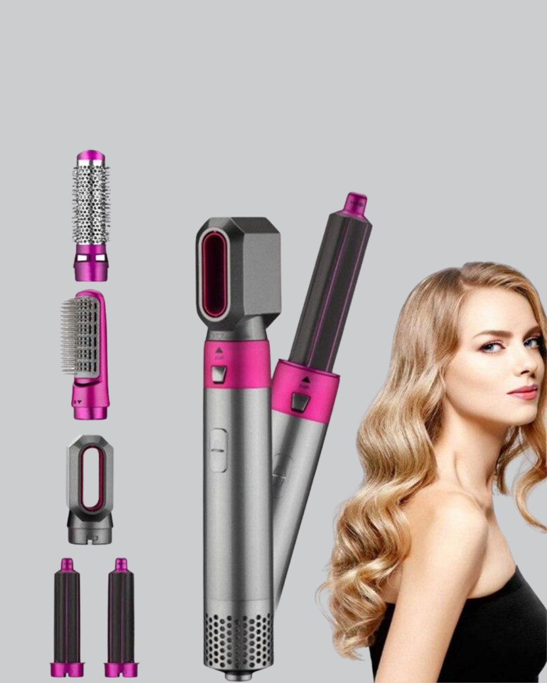 Profesyonel saç bakımını evinize taşıyan 5’i 1 Arada Saç Şekillendirme Seti Negatif İyon Teknolojili ve Hızlı Kurutmalı