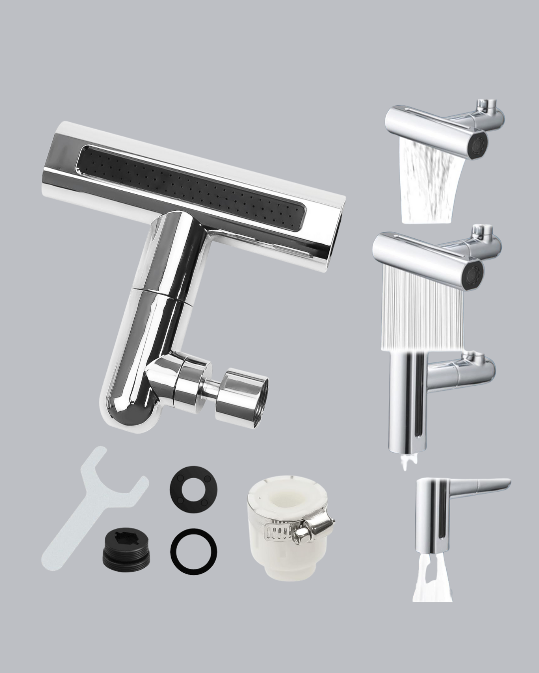 Evde su kullanımını optimize etmek ve aynı zamanda modern bir görünüm kazanmak için tasarlanan 4 Fonksiyonlu Dönebilen Musluk Başlığı