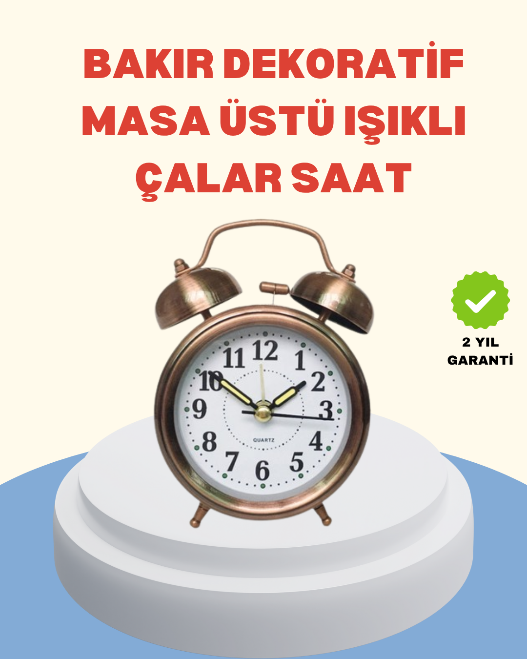 Metal Bronz Nostaljik Masa Saati Alarmlı Büyük Boy Sessiz Mekanizmalı