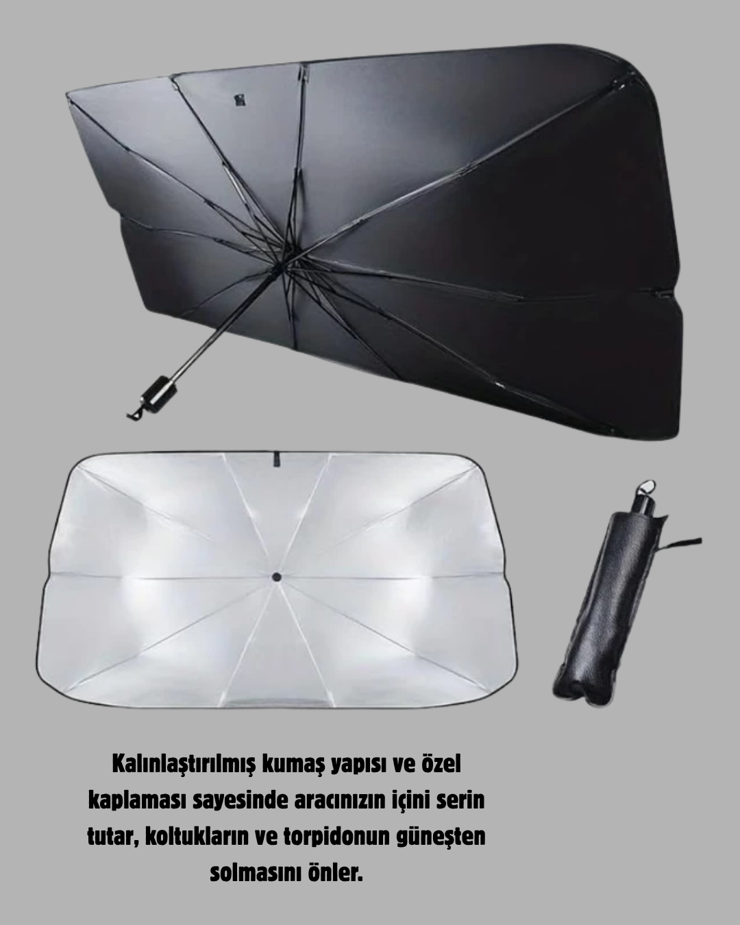 kalın kumaş dokusu ve özel yansıtıcı kaplamasıyla aracınızın içini serin tutarken UV ışınlarını engeller. Torpido