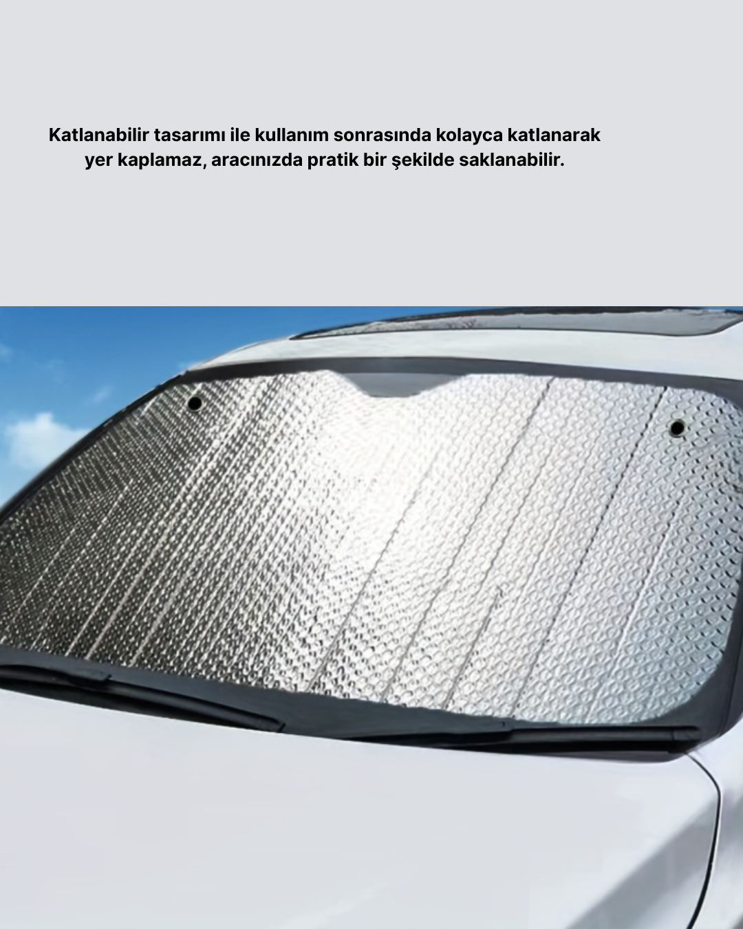 Yüksek sıcaklık ve UV ışınlarının aracınız üzerindeki olumsuz etkilerini önlemenin en kolay yolu bu alüminyum kaplamalı güneşliktir. %99 oranında yansıtma gücü sayesinde güneş ışınlarını etkili biçimde engeller