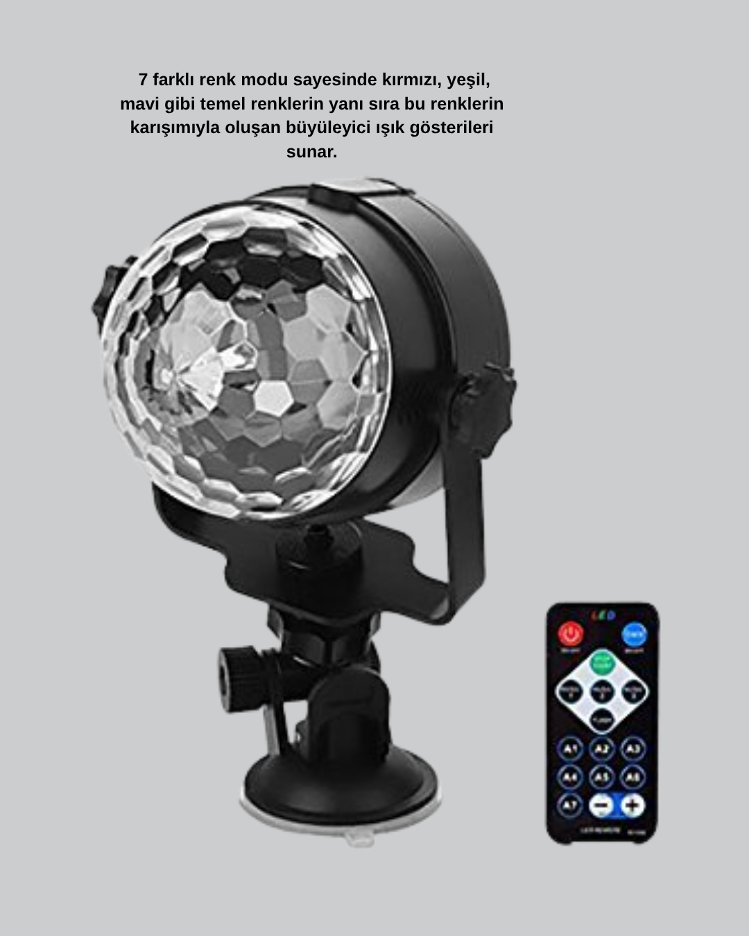 müzikle senkronize çalışan ışıklarıyla her ortamda büyüleyici bir sahne havası yaratır. 7 farklı renk modu