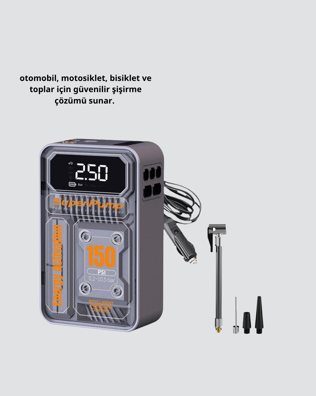 kablosuz ve taşınabilir yapısıyla her an elinizin altında olabilecek pratik bir cihazdır. 150 PSI maksimum basınç gücü sayesinde otomobil