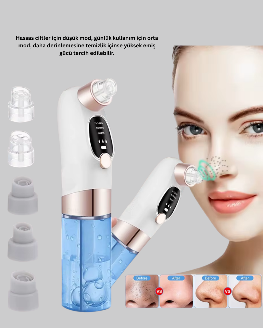 farklı cilt tiplerine uygun 3 kademe emiş gücüyle etkili bir bakım deneyimi sunar. Hassas ciltler için düşük seviye
