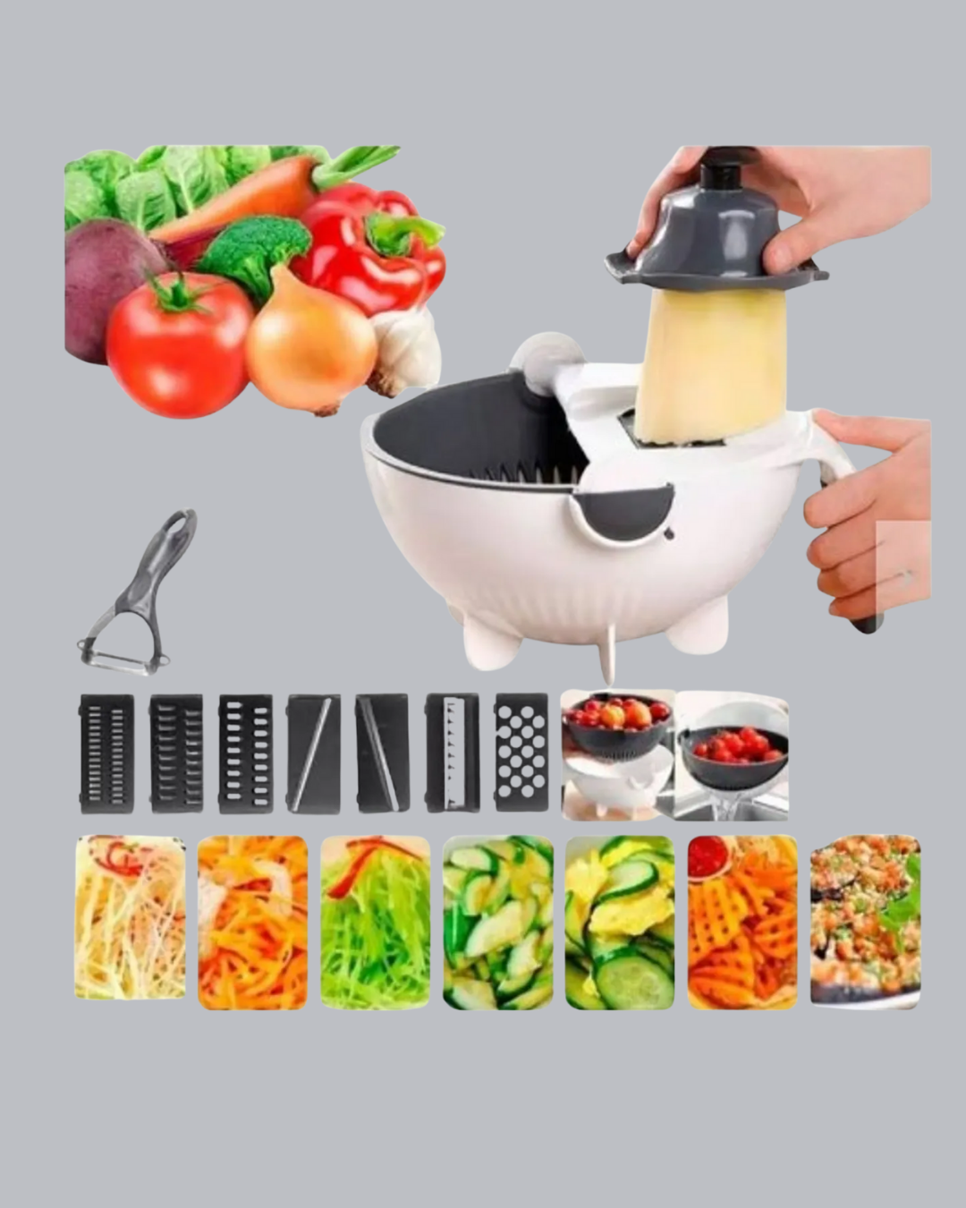 düzen ve güvenlik isteyen kullanıcılar için tasarlanan 5 Fonksiyonlu Döner Süzgeçli Rende