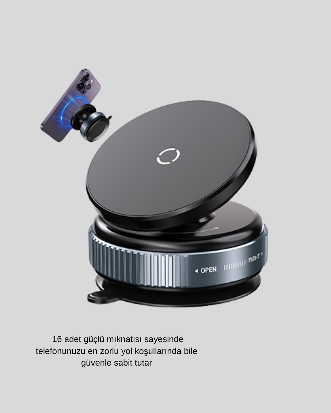 Tek bir cihazla hem araç içinde hem evde hem de spor salonunda telefon kullanımını kolaylaştırmak isteyen kullanıcılar için geliştirilen bu vakumlu manyetik telefon tutucu