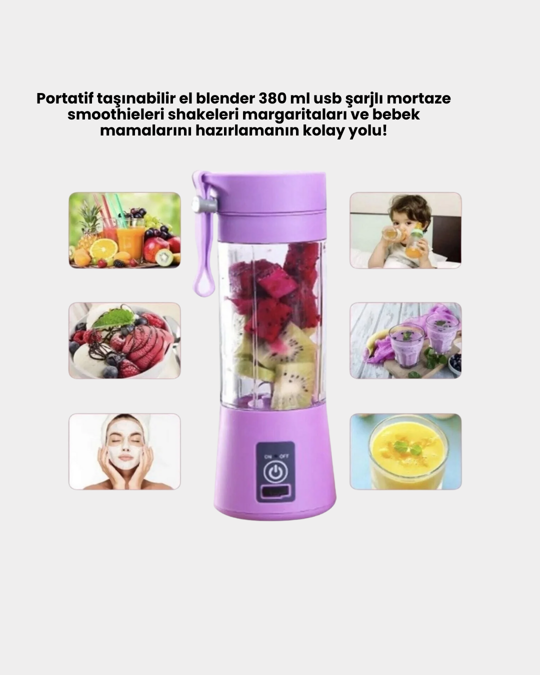 Sağlıklı içecekleri hayat tarzının bir parçası hâline getirmek isteyenler için geliştirilen 380 ml USB şarjlı taşınabilir blender