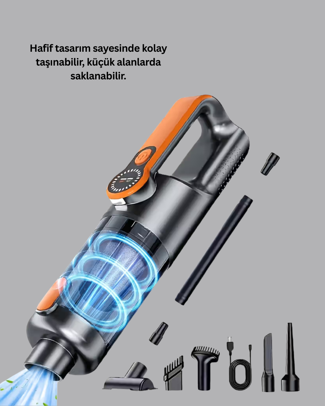 Mini boyutuna rağmen güçlü emiş performansı sunan bu kablosuz el süpürgesi
