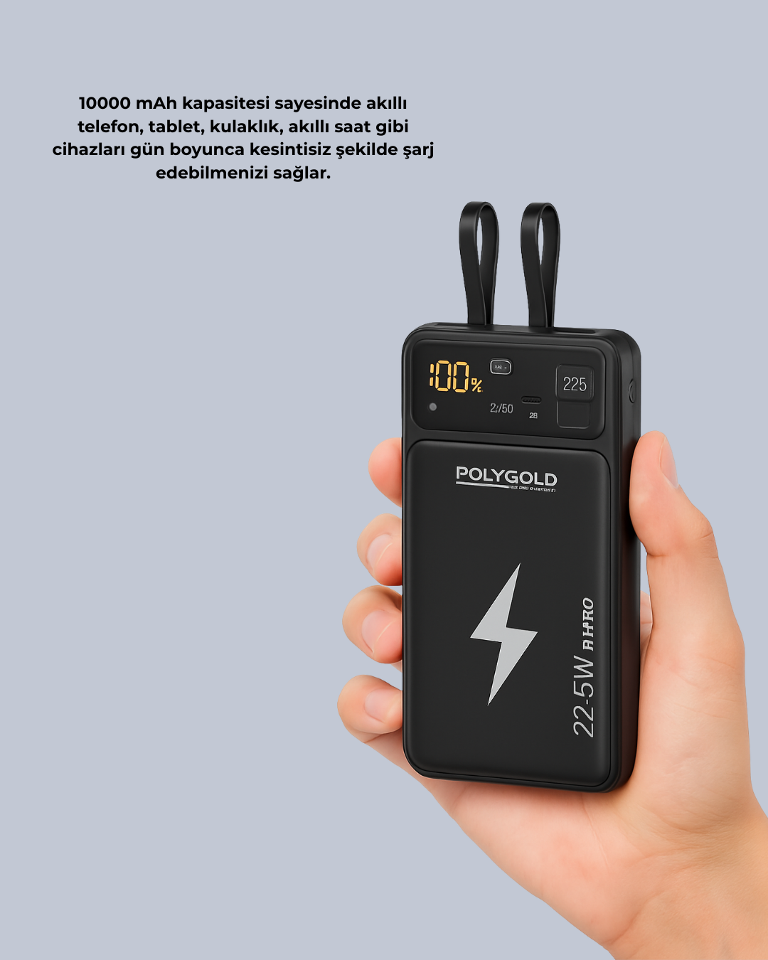 dahili kablo tasarımıyla öne çıkan pratik bir şarj çözümüdür. Çoğu powerbank modelinde yaşanan kablo taşıma zorunluluğu bu ürünle tamamen ortadan kalkar. Cihaz üzerinde gömülü iki adet kablo