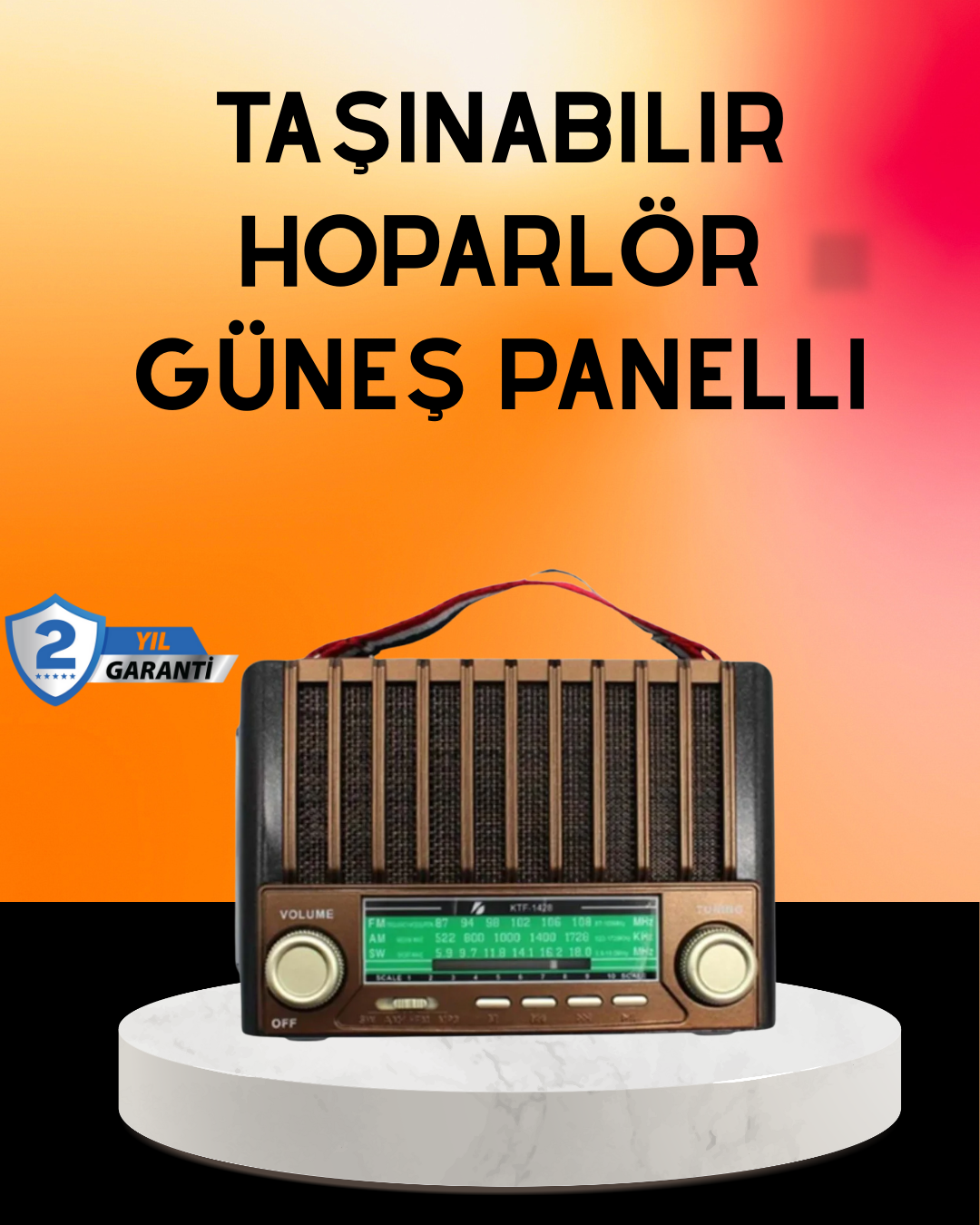 Solar Şarjlı Taşınabilir Radyo Bluetooth Hoparlör USB SD Destekli