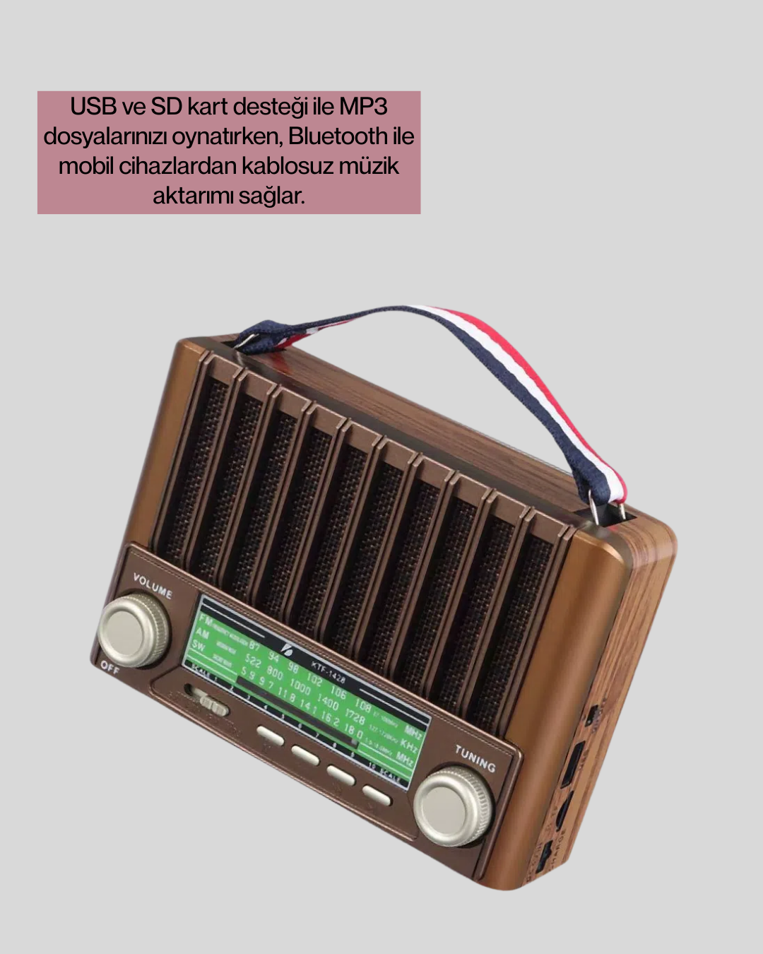 klasik radyo estetiğini modern multimedya özellikleriyle birleştirir. Elektrik gerektirmeyen yapısı sayesinde güneş enerjisiyle kendi kendini şarj edebilir. Kamp ortamlarında