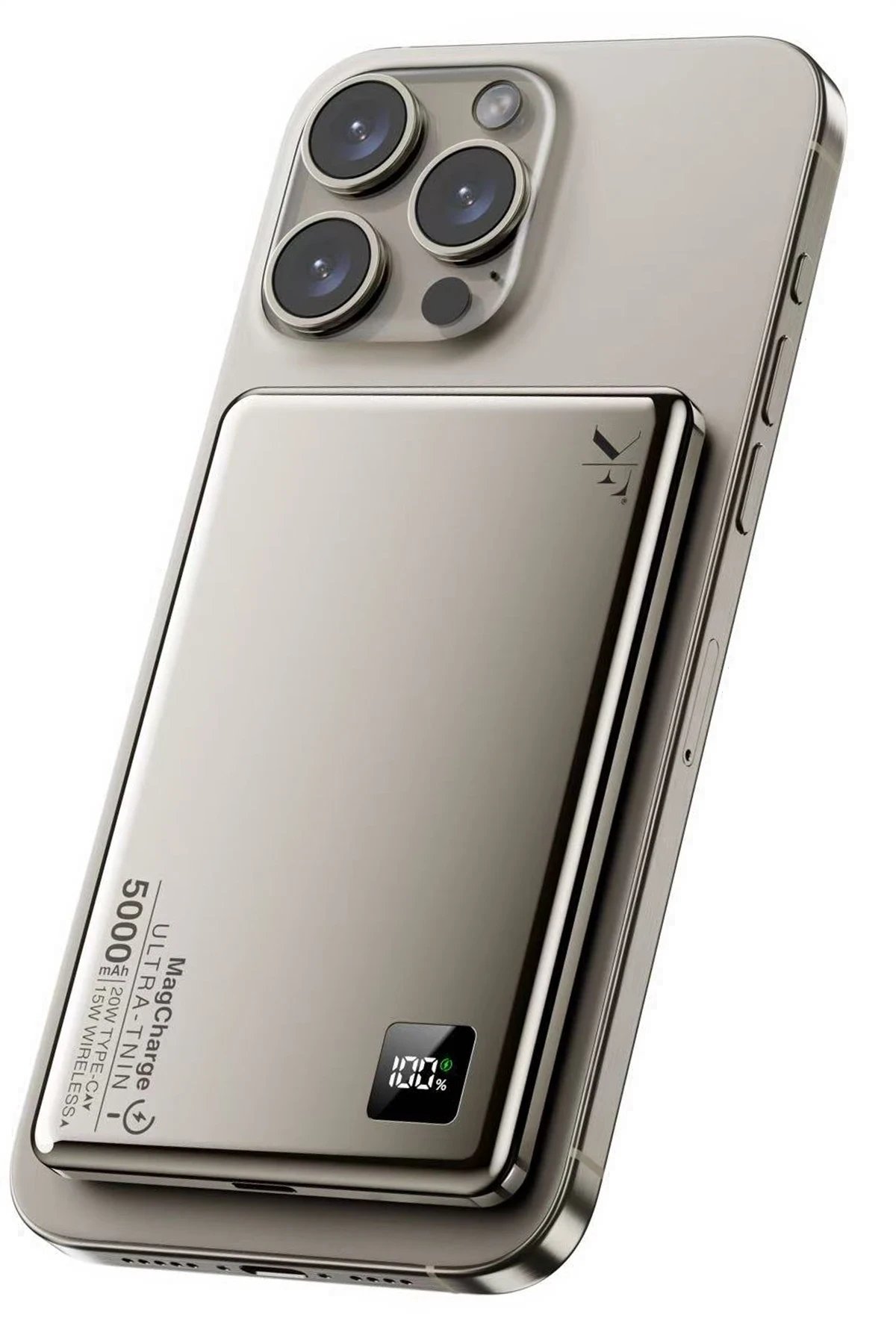 PW555 5.000 mAh Dijital Göstergeli 18W Type-C ve 15W Kablosuz Şarj PD Hızlı Şarj Magsafe Powerbank - Titanyum-(5796)