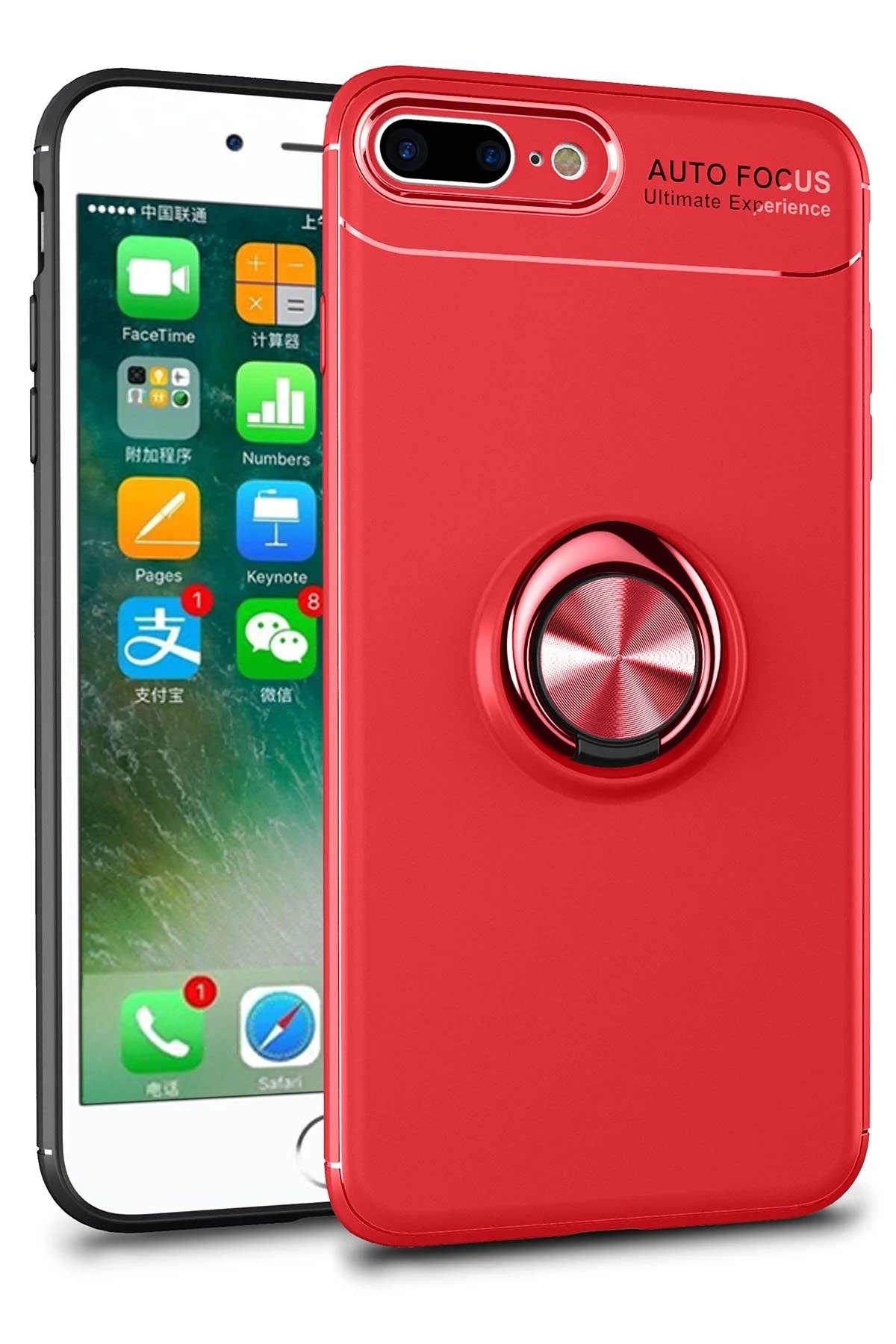 iPhone 7 Plus Kılıf Range Yüzüklü Silikon - Kırmızı-(5796)