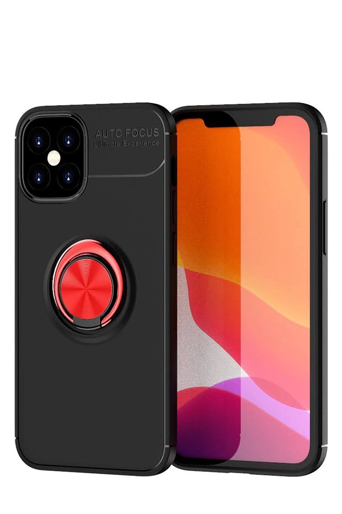 iPhone 12 Mini Kılıf Range Yüzüklü Silikon - Siyah-Kırmızı-(5796)