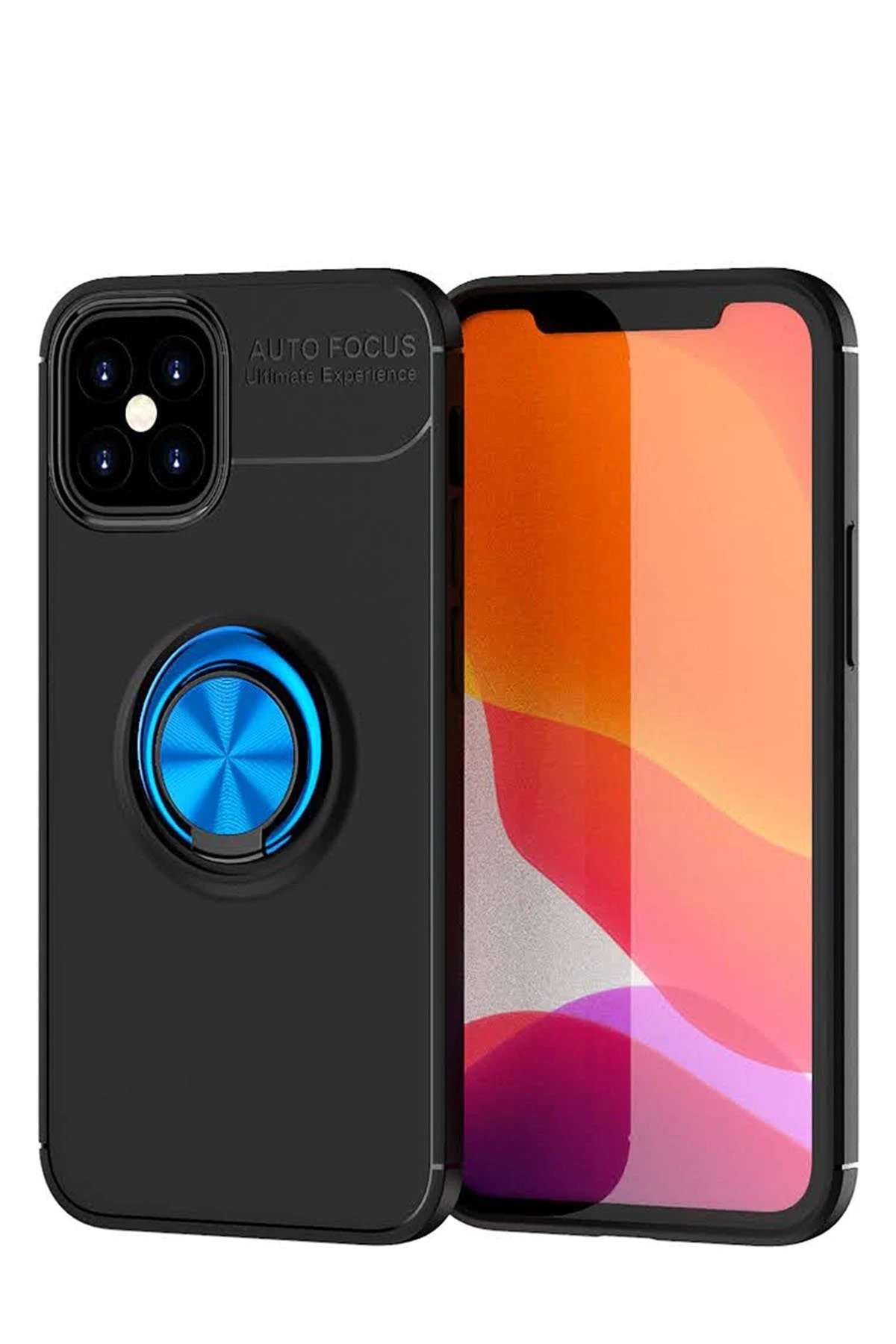 iPhone 12 Mini Kılıf Range Yüzüklü Silikon - Siyah-Mavi-(5796)