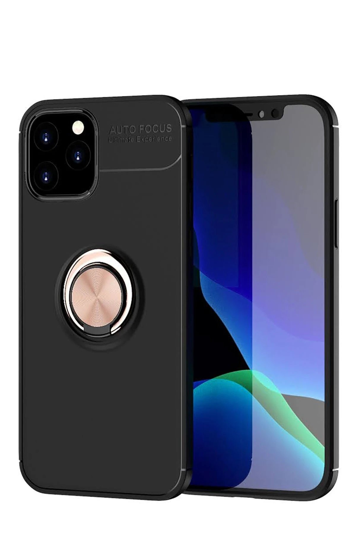 iPhone 12 Kılıf Range Yüzüklü Silikon - Siyah-Gold-(5796)