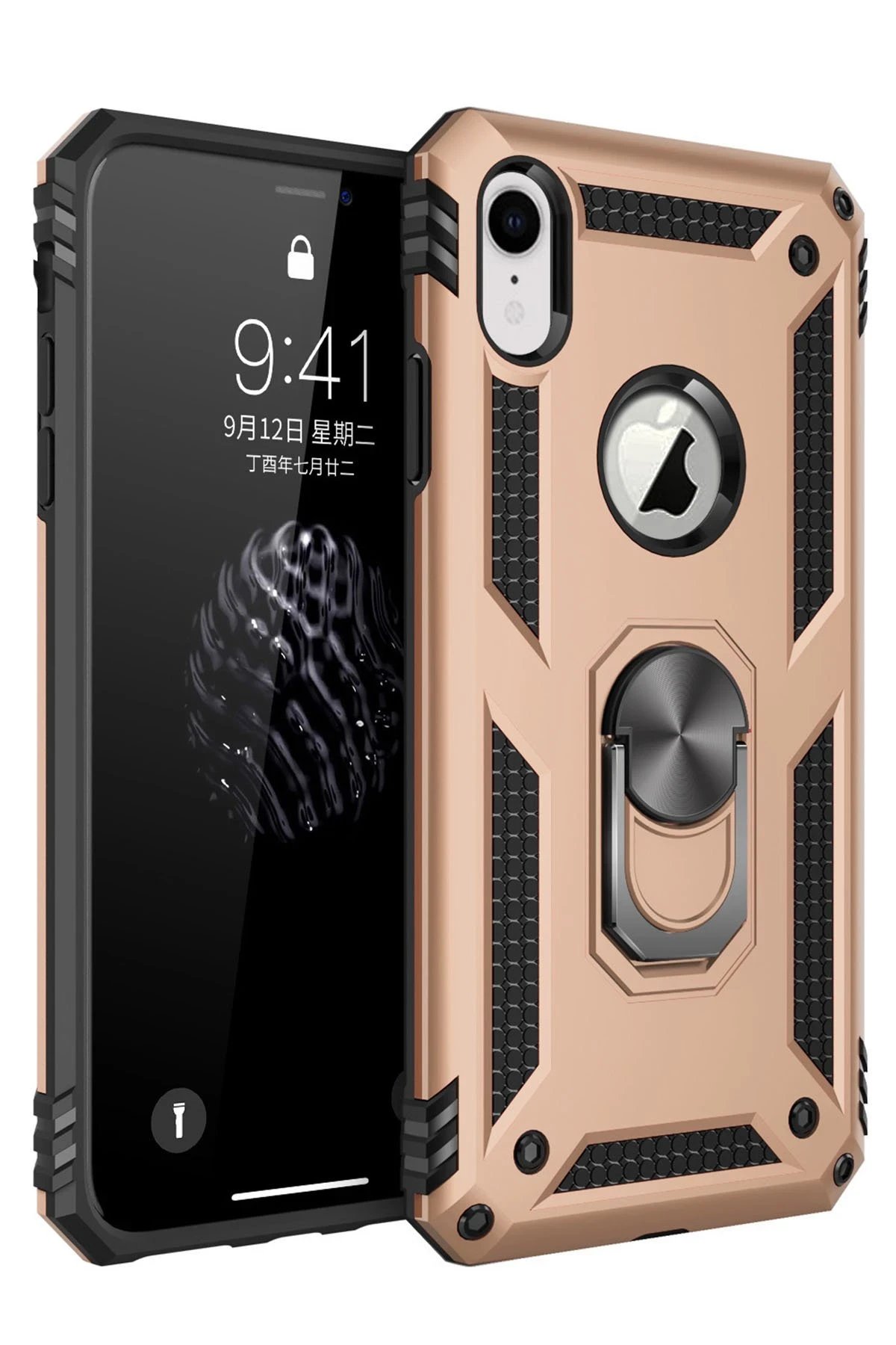 iPhone XR Kılıf Sofya Yüzüklü Silikon Kapak - Gold-(5796)