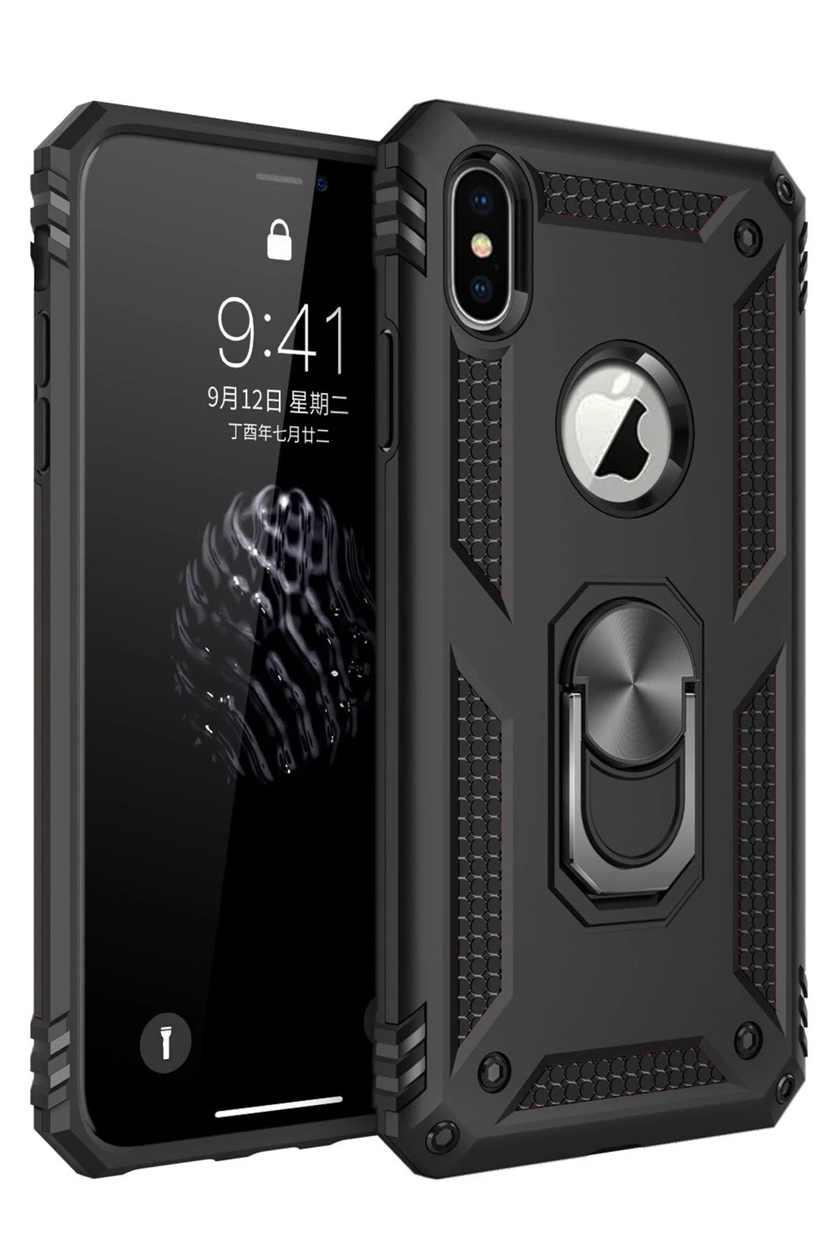 iPhone XS Max Kılıf Sofya Yüzüklü Silikon Kapak - Siyah-(5796)