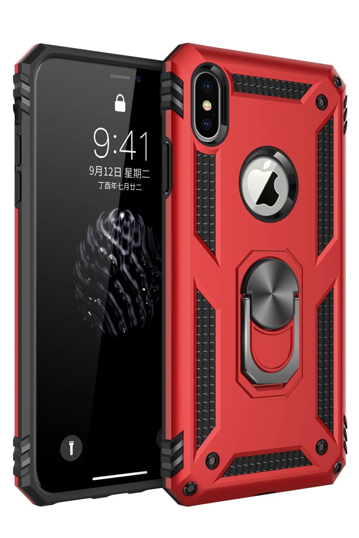 iPhone XS Max Kılıf Sofya Yüzüklü Silikon Kapak - Kırmızı-(5796)