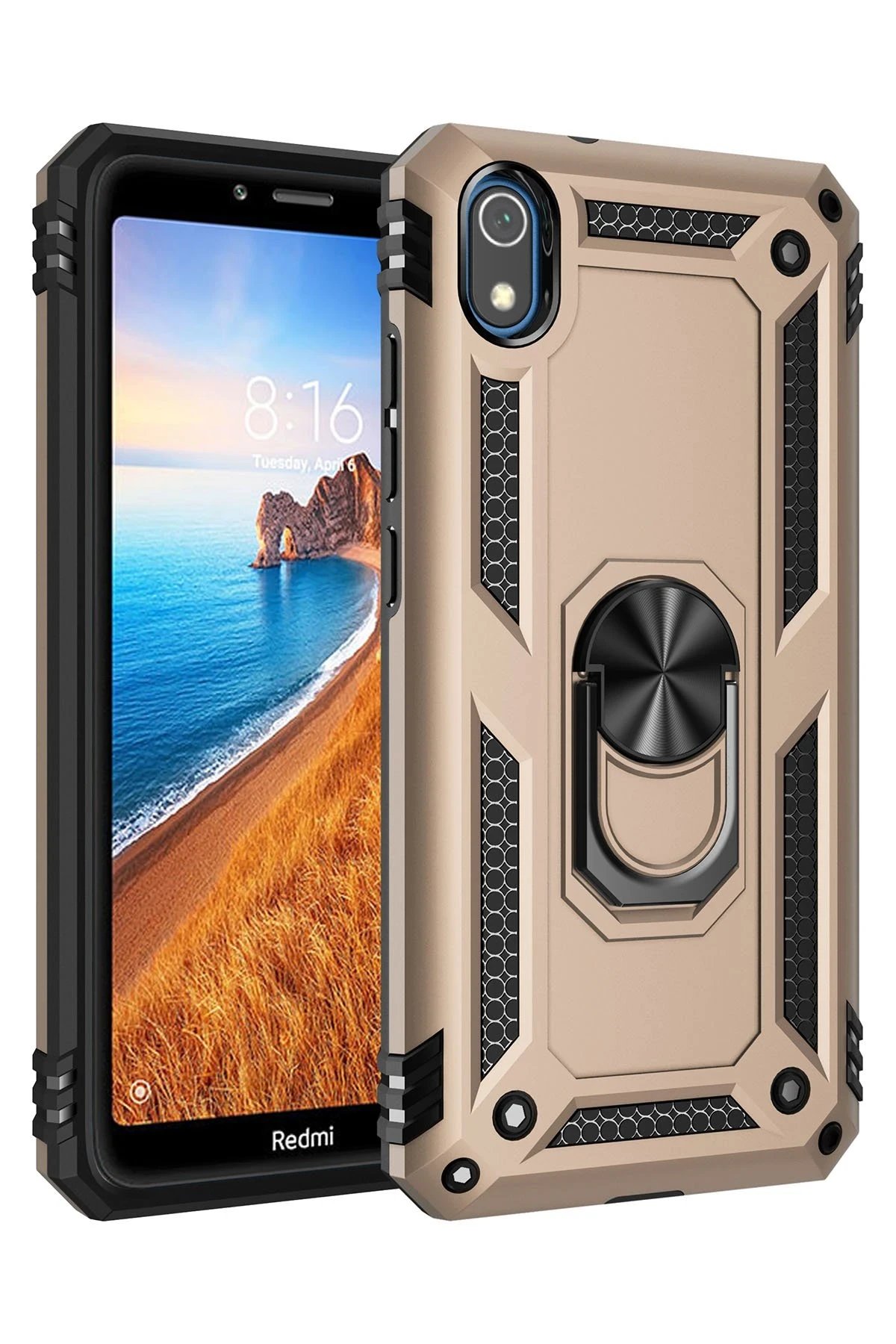 Xiaomi Redmi 7A Kılıf Sofya Yüzüklü Silikon Kapak - Gold-(5796)