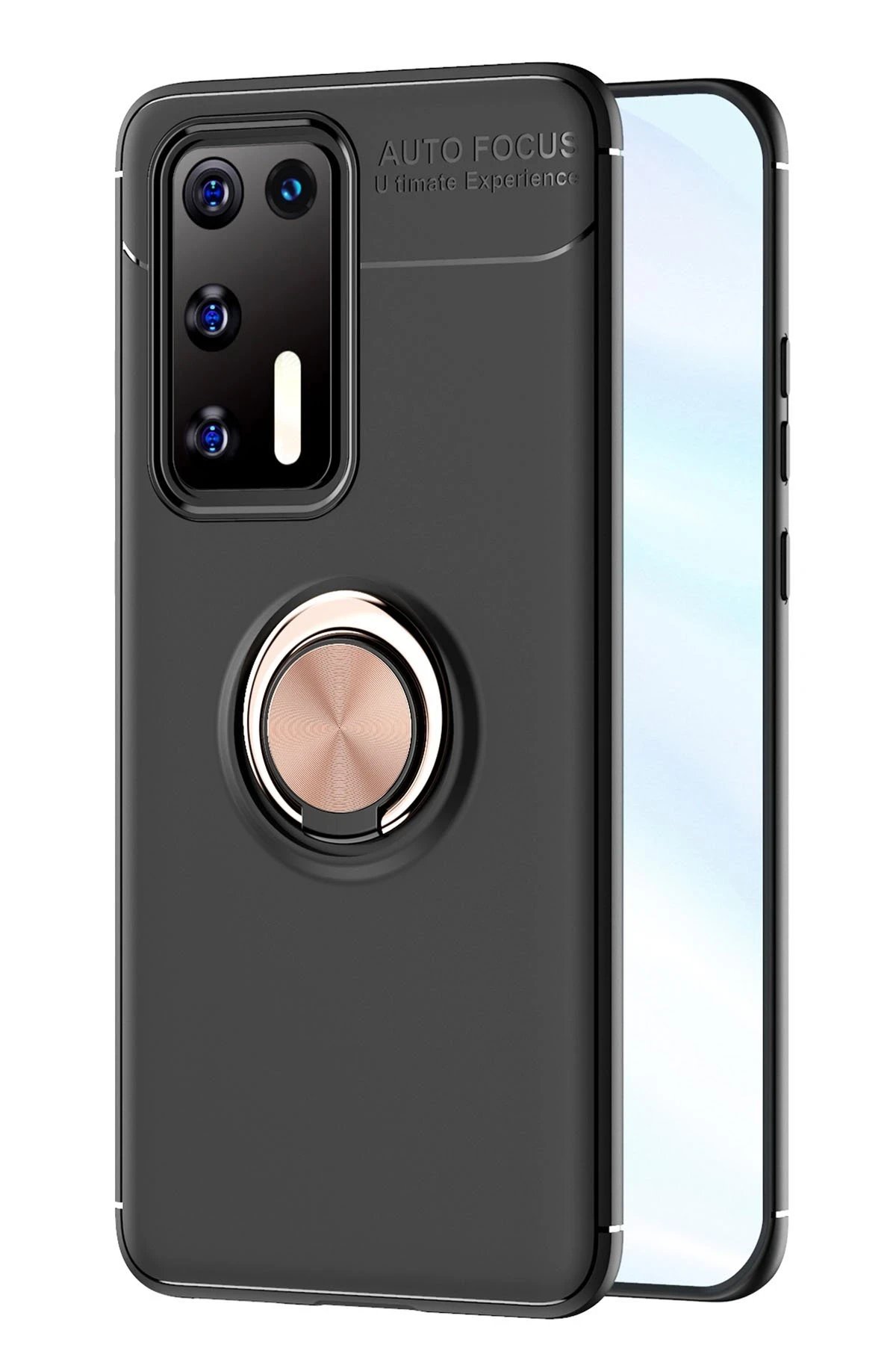 Huawei P40 Kılıf Range Yüzüklü Silikon - Siyah-Gold-(5796)