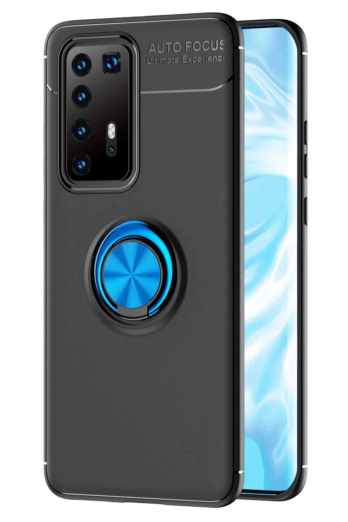 Huawei P40 Pro Kılıf Range Yüzüklü Silikon - Siyah-Mavi-(5796)