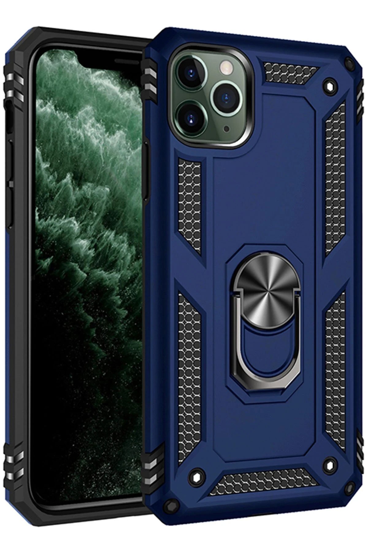 iPhone 11 Pro Max Kılıf Sofya Yüzüklü Silikon Kapak - Lacivert-(5796)